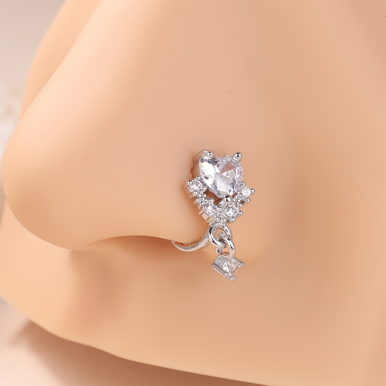 Copper Clip-On Zirconia Heart-Shaped Nose Ring, Non-Piercing